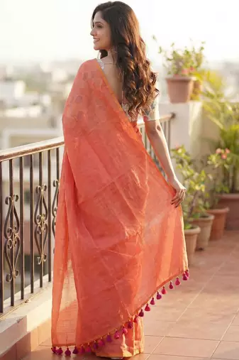 Peach woven design  cotton khadi saree