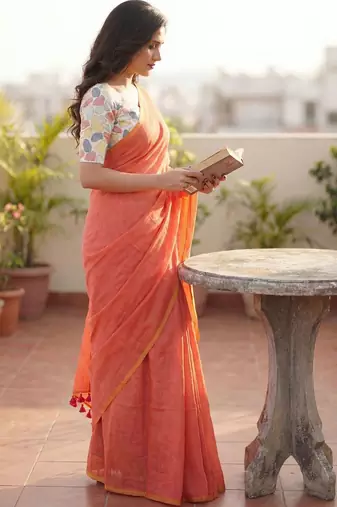 Peach woven design  cotton khadi saree