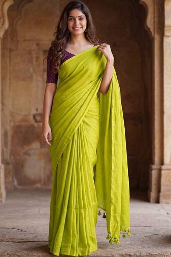 Lime  cotton khadi saree with blouse