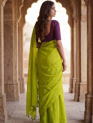Lime  cotton khadi saree with blouse 2