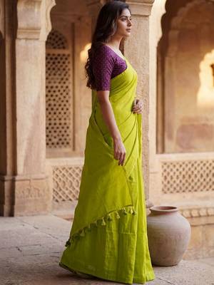 Lime  cotton khadi saree with blouse 3