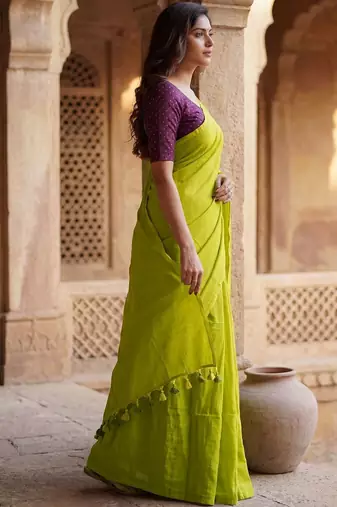 Lime  cotton khadi saree with blouse