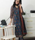 women ethnic motifs printed regular cotton blend kurta with trousers & with dupatta