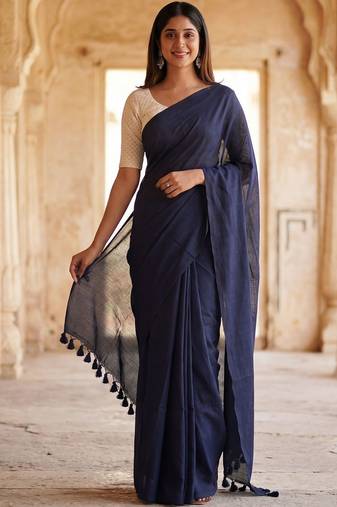 Navy blue  cotton khadi saree