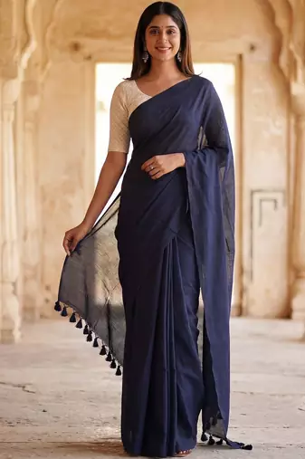 Navy blue  cotton khadi saree