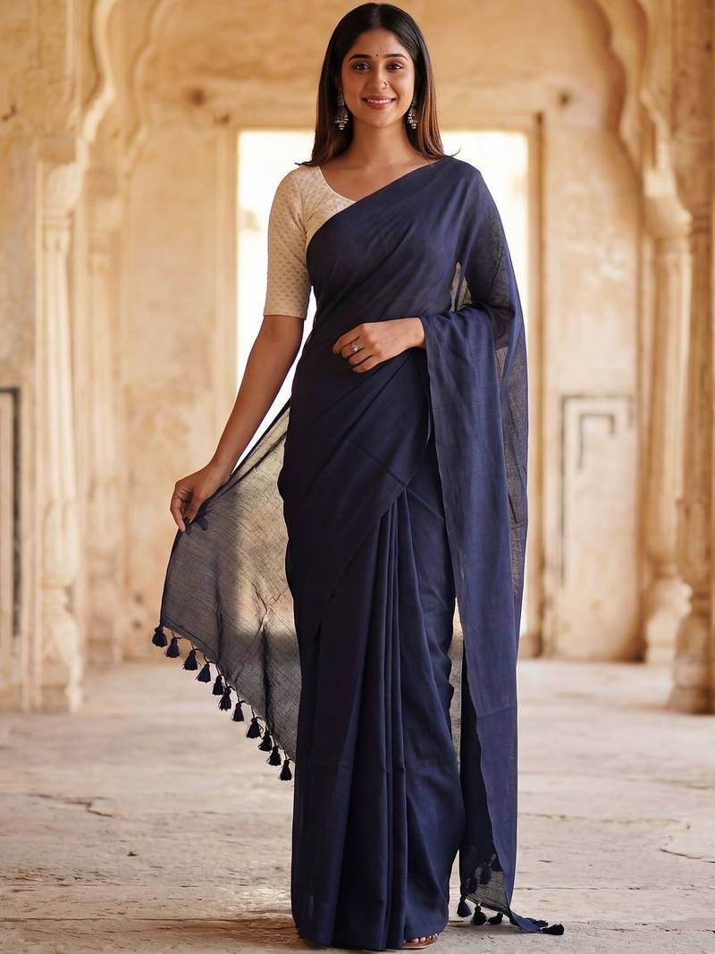 Navy blue  cotton khadi saree
