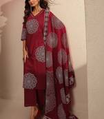 women ethnic motifs printed regular thread work kurta with trousers & with dupatta