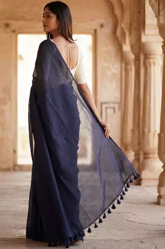 Navy blue  cotton khadi saree