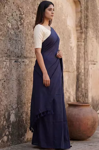 Navy blue  cotton khadi saree