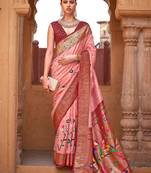 Peach peach-coloured & red ethnic motifs printed zari banarasi saree