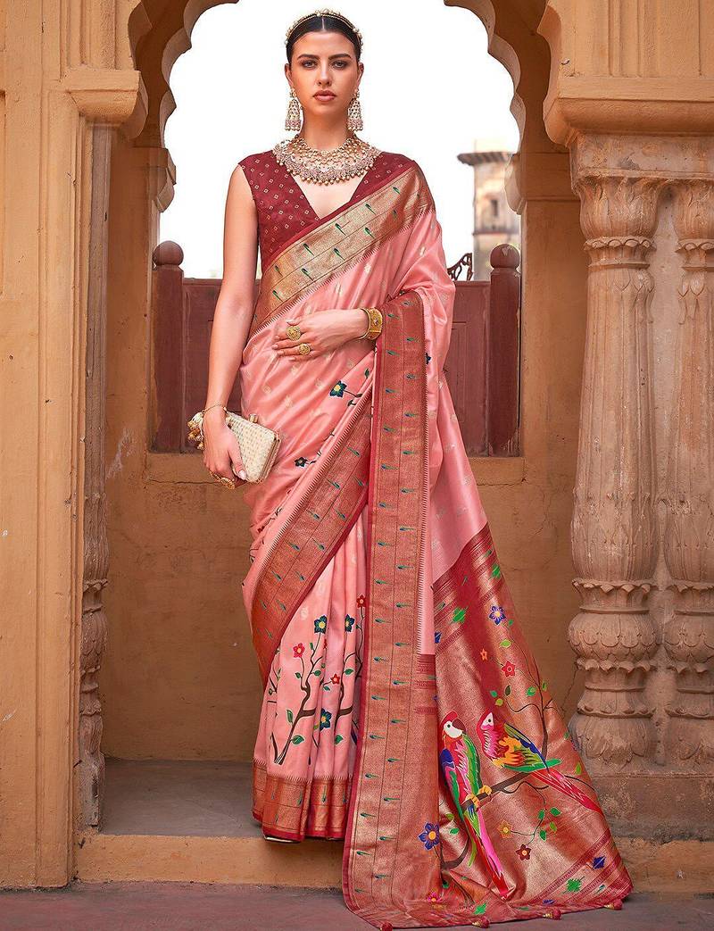 Peach peach-coloured & red ethnic motifs printed zari banarasi saree