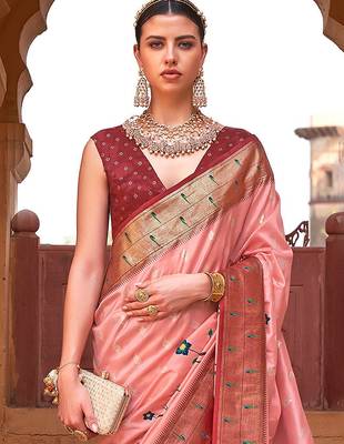 Peach peach-coloured & red ethnic motifs printed zari banarasi saree 2