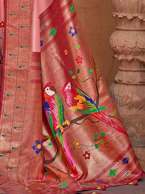 Peach peach-coloured & red ethnic motifs printed zari banarasi saree 4