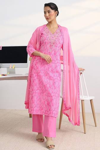 libas pink bandhani print straight suit set with dupatta