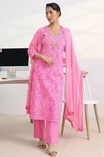 libas pink bandhani print straight suit set with dupatta