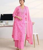 libas pink bandhani print straight suit set with dupatta