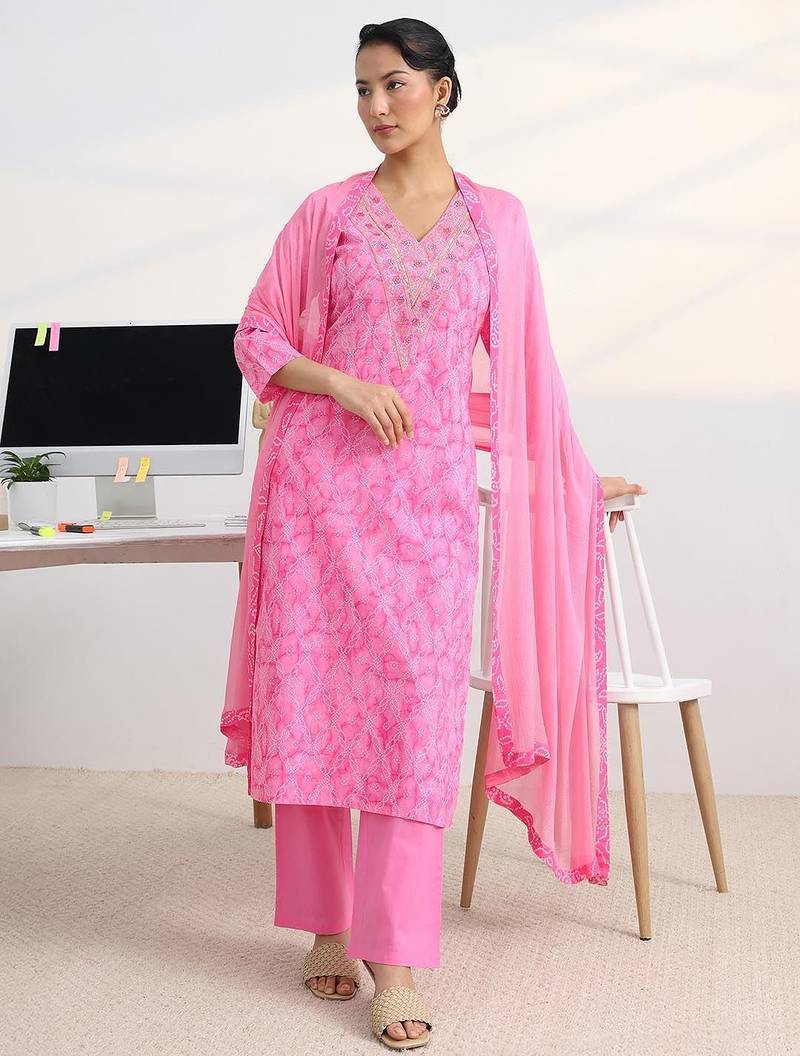 libas pink bandhani print straight suit set with dupatta