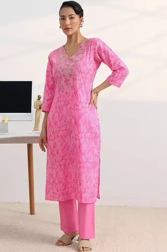 libas pink bandhani print straight suit set with dupatta