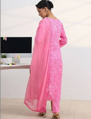 libas pink bandhani print straight suit set with dupatta 6