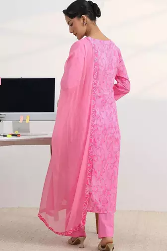 libas pink bandhani print straight suit set with dupatta