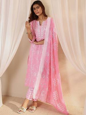 libas pink floral printed cotton straight suit set with dupatta 1