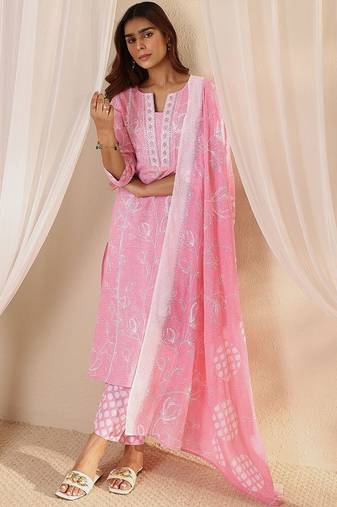 libas pink floral printed cotton straight suit set with dupatta