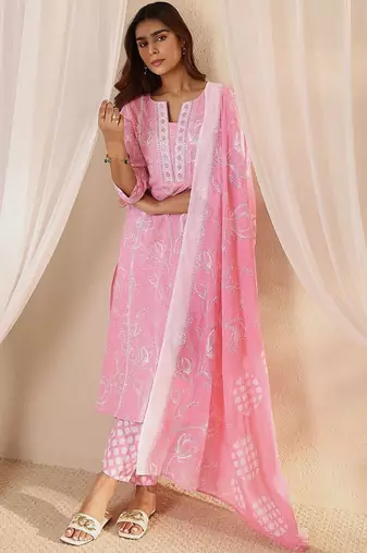 libas pink floral printed cotton straight suit set with dupatta