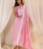 libas pink floral printed cotton straight suit set with dupatta