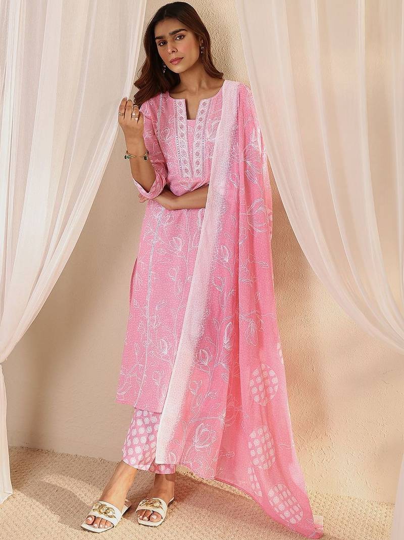libas pink floral printed cotton straight suit set with dupatta