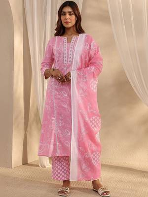 libas pink floral printed cotton straight suit set with dupatta 2