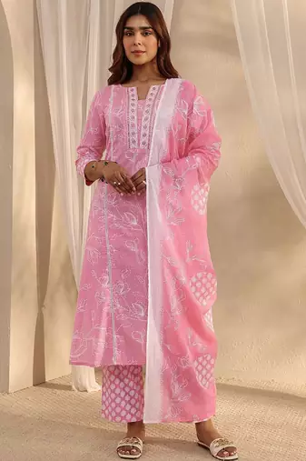 libas pink floral printed cotton straight suit set with dupatta