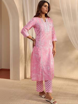 libas pink floral printed cotton straight suit set with dupatta 3