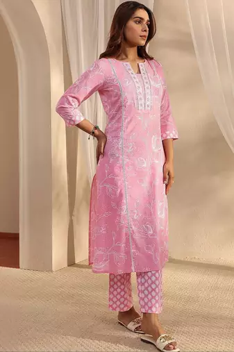libas pink floral printed cotton straight suit set with dupatta