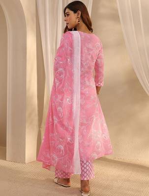 libas pink floral printed cotton straight suit set with dupatta 6