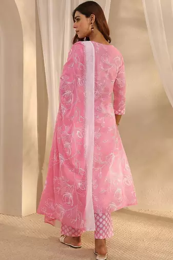 libas pink floral printed cotton straight suit set with dupatta