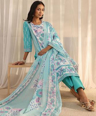 libas blue floral printed straight suit set with dupatta 1