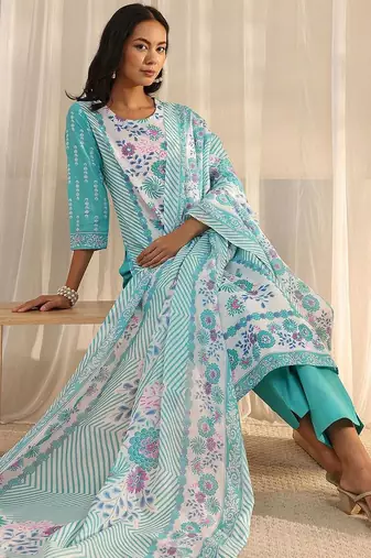 libas blue floral printed straight suit set with dupatta
