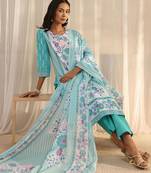 libas blue floral printed straight suit set with dupatta
