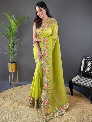 Lime ethnic motif embroidered tissue saree 1