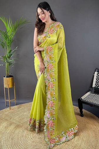 Lime ethnic motif embroidered tissue saree