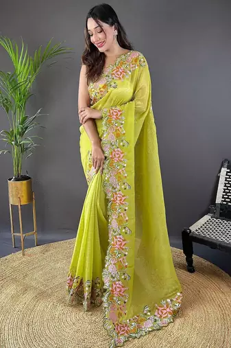 Lime ethnic motif embroidered tissue saree