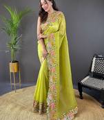 Lime ethnic motif embroidered tissue saree