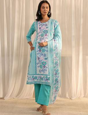 libas blue floral printed straight suit set with dupatta 2