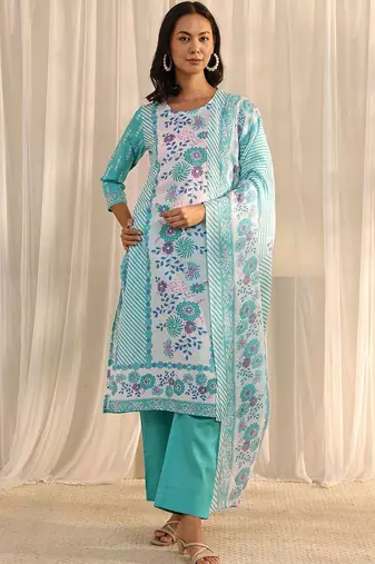 libas blue floral printed straight suit set with dupatta