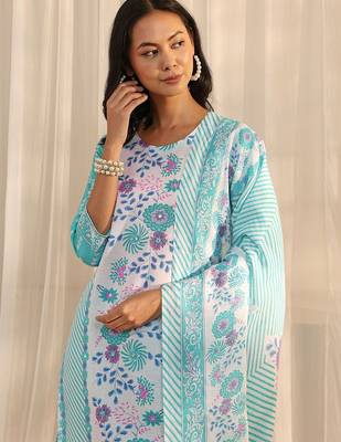 libas blue floral printed straight suit set with dupatta 3