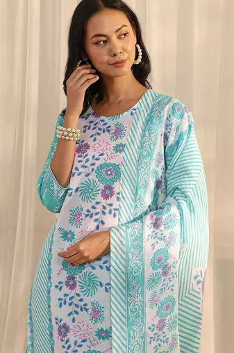 libas blue floral printed straight suit set with dupatta