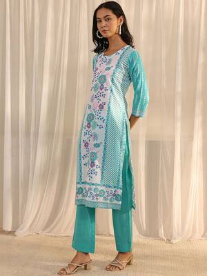 libas blue floral printed straight suit set with dupatta 4