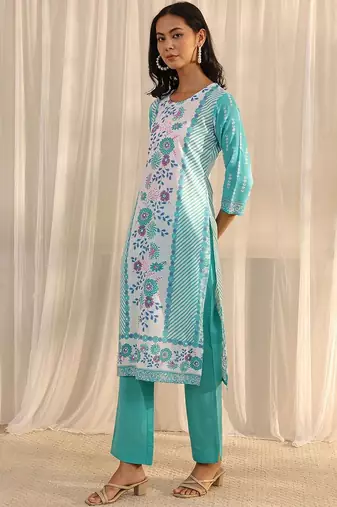 libas blue floral printed straight suit set with dupatta