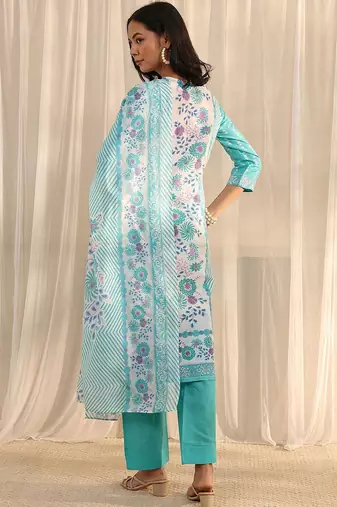 libas blue floral printed straight suit set with dupatta