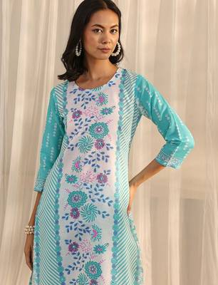 libas blue floral printed straight suit set with dupatta 6